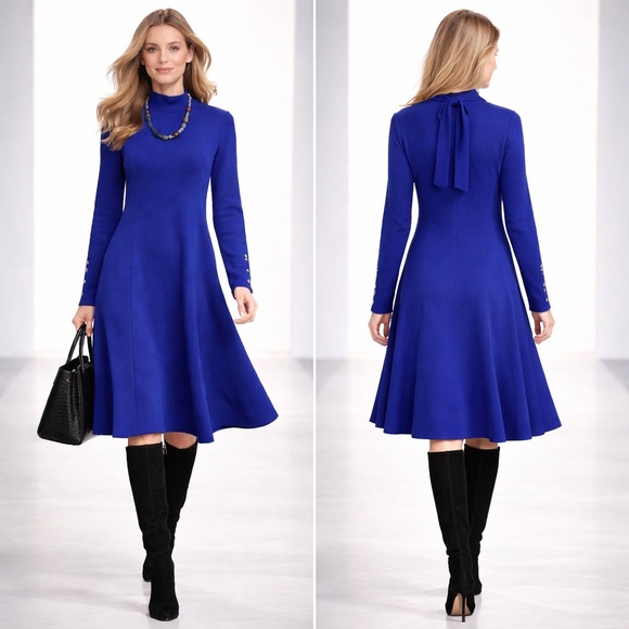 Ann Taylor Dresses & Skirts - Ann Taylor, Cobalt Blue Knit Swing Dress Mock Neck Back Bow Long Sleeve Size L